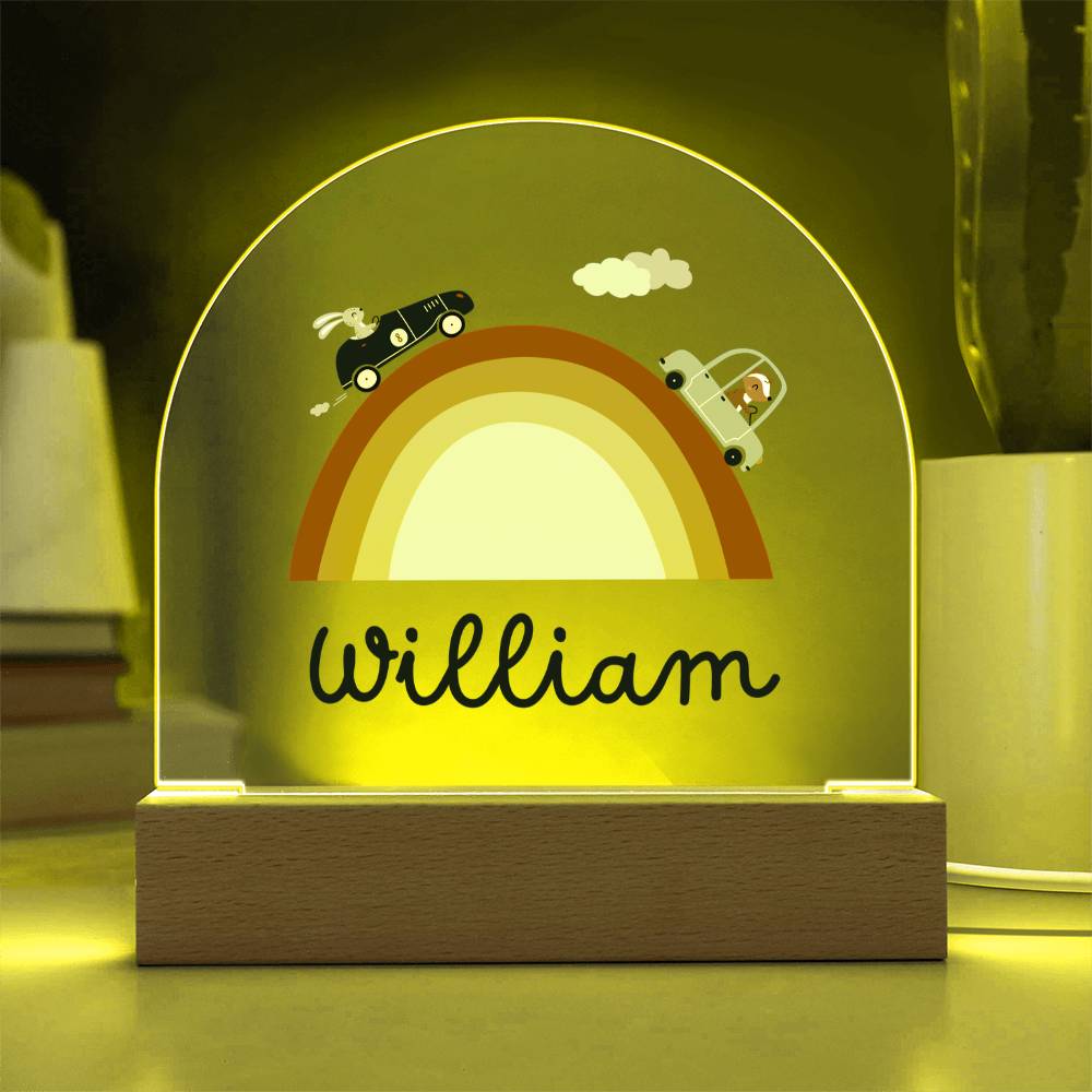 Boho Rainbow Name Night Light with Fox and Rabbit Cars – Custom Acrylic Kids Room Lamp – Neutral Nursery Decor Gift for Boys or Girls