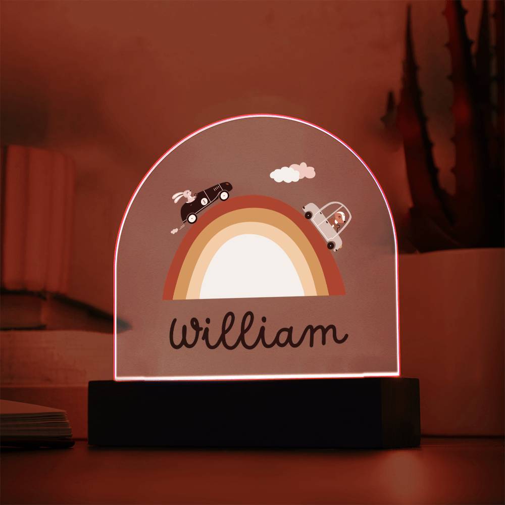 Boho Rainbow Name Night Light with Fox and Rabbit Cars – Custom Acrylic Kids Room Lamp – Neutral Nursery Decor Gift for Boys or Girls