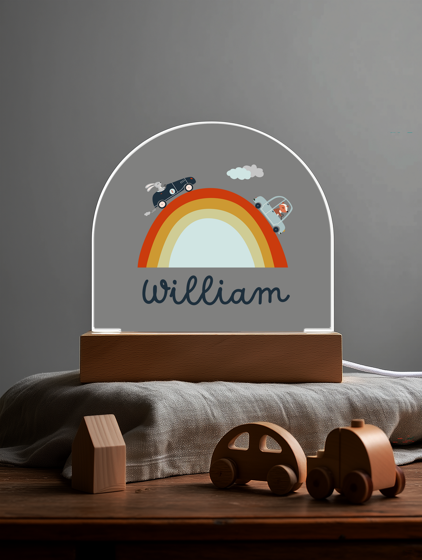 Boho Rainbow Name Night Light with Fox and Rabbit Cars – Custom Acrylic Kids Room Lamp – Neutral Nursery Decor Gift for Boys or Girls