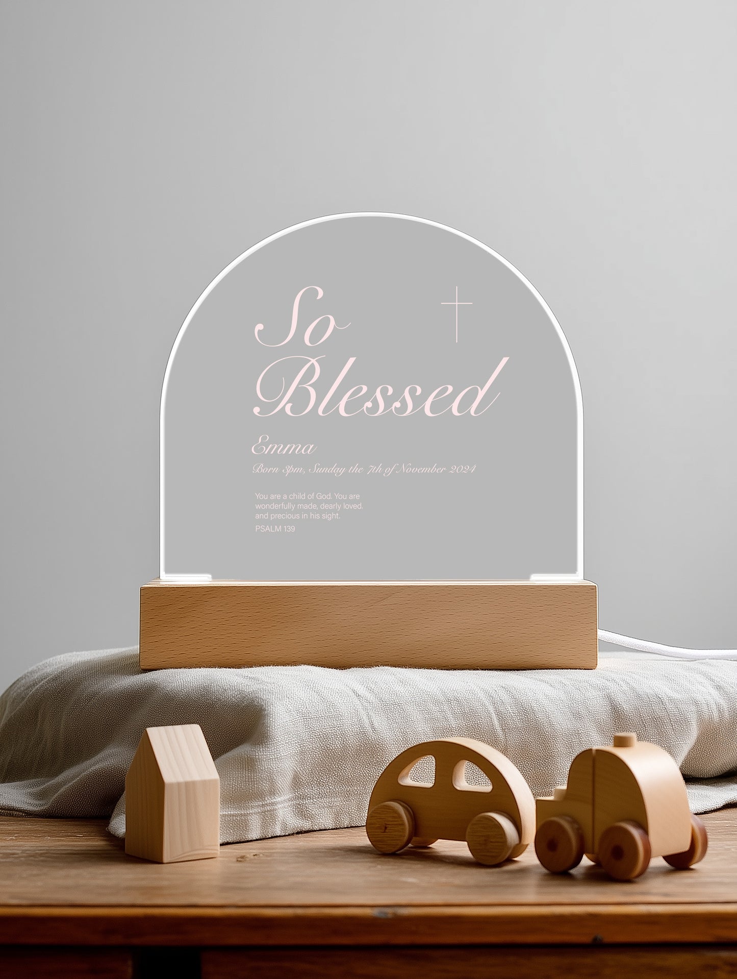 So Blessed - Child Name and Birth Details - Bedside Acrylic Dome Plaque Light