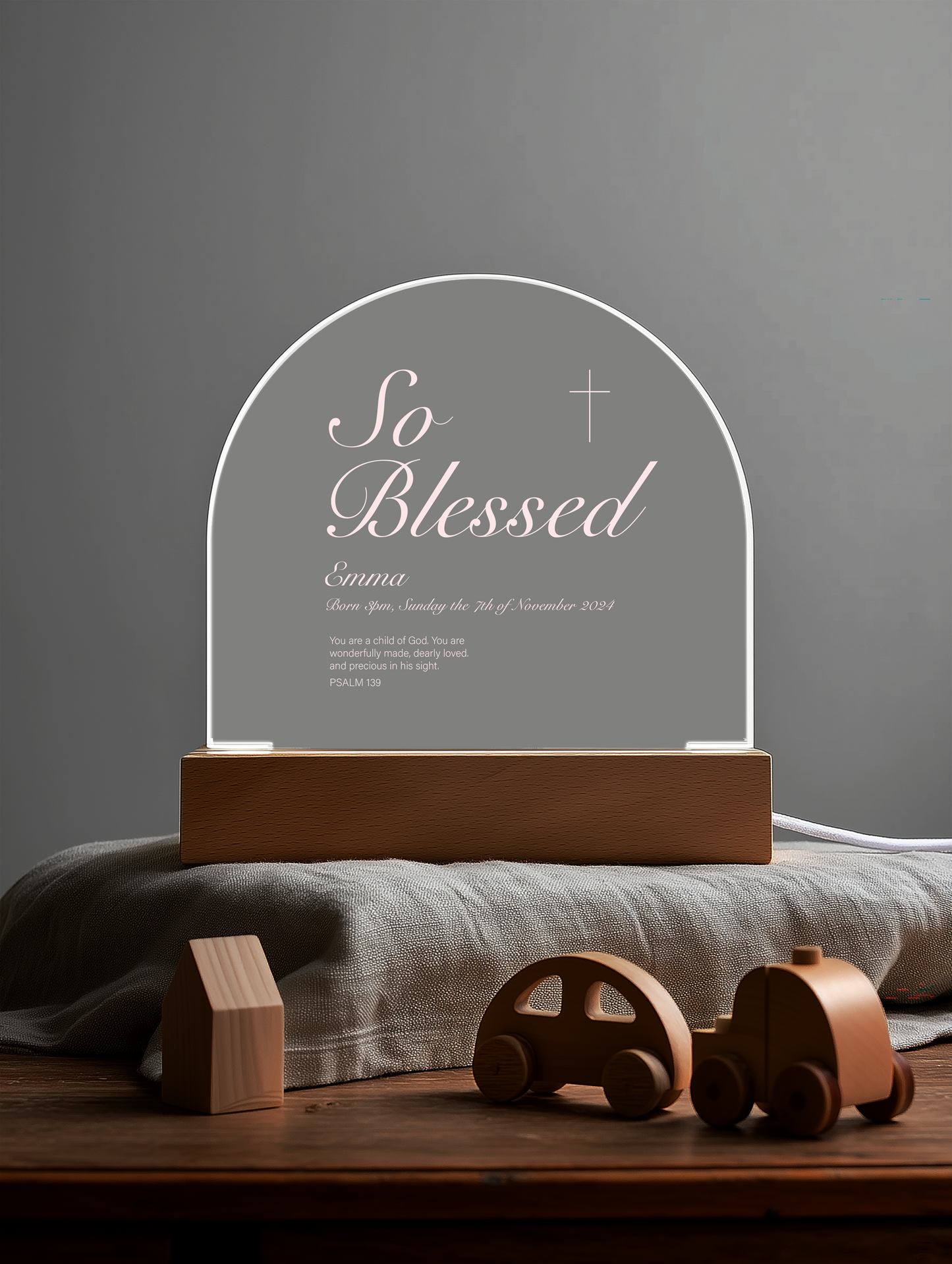 So Blessed - Child Name and Birth Details - Bedside Acrylic Dome Plaque Light