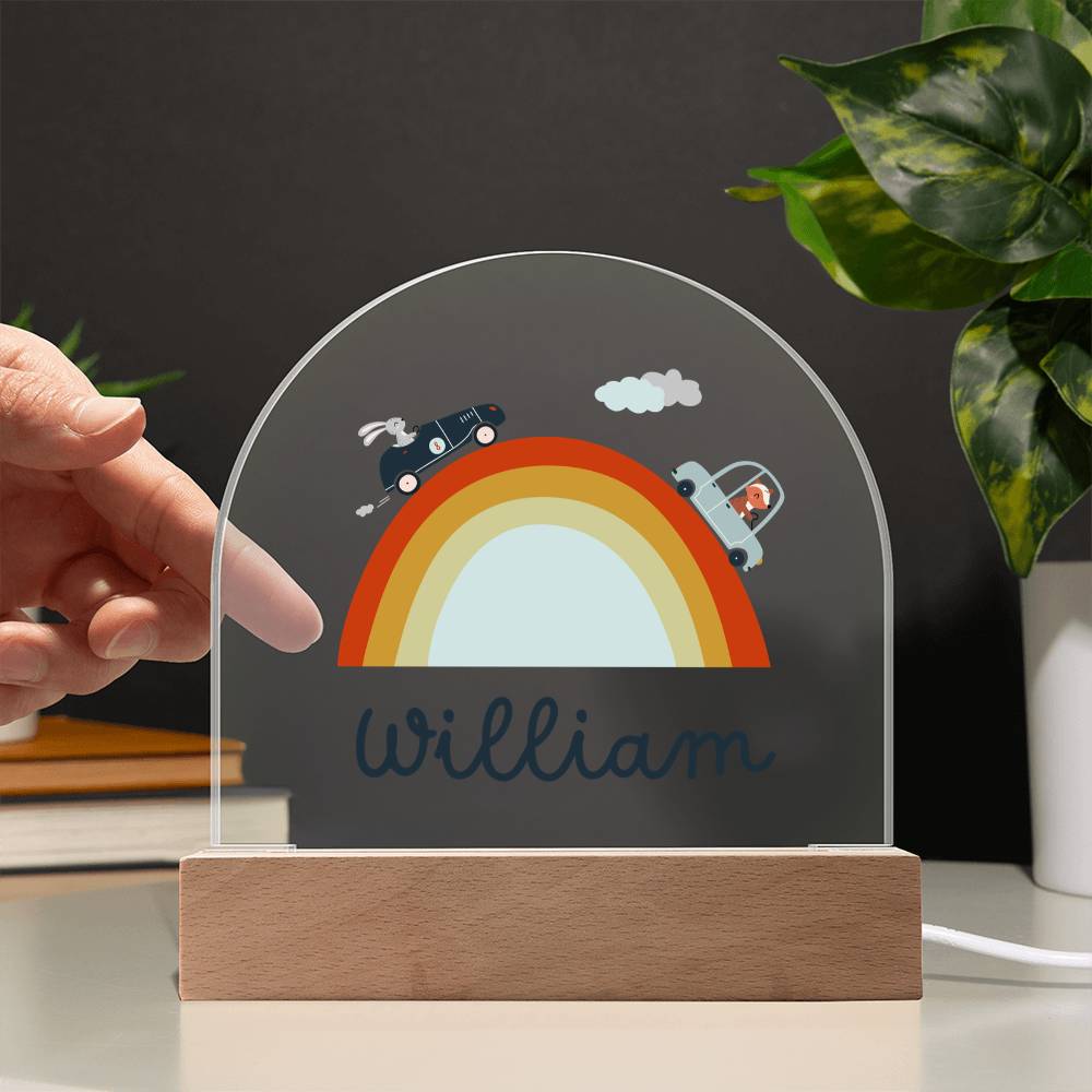 Boho Rainbow Name Night Light with Fox and Rabbit Cars – Custom Acrylic Kids Room Lamp – Neutral Nursery Decor Gift for Boys or Girls