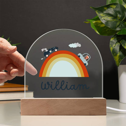 Boho Rainbow Name Night Light with Fox and Rabbit Cars – Custom Acrylic Kids Room Lamp – Neutral Nursery Decor Gift for Boys or Girls