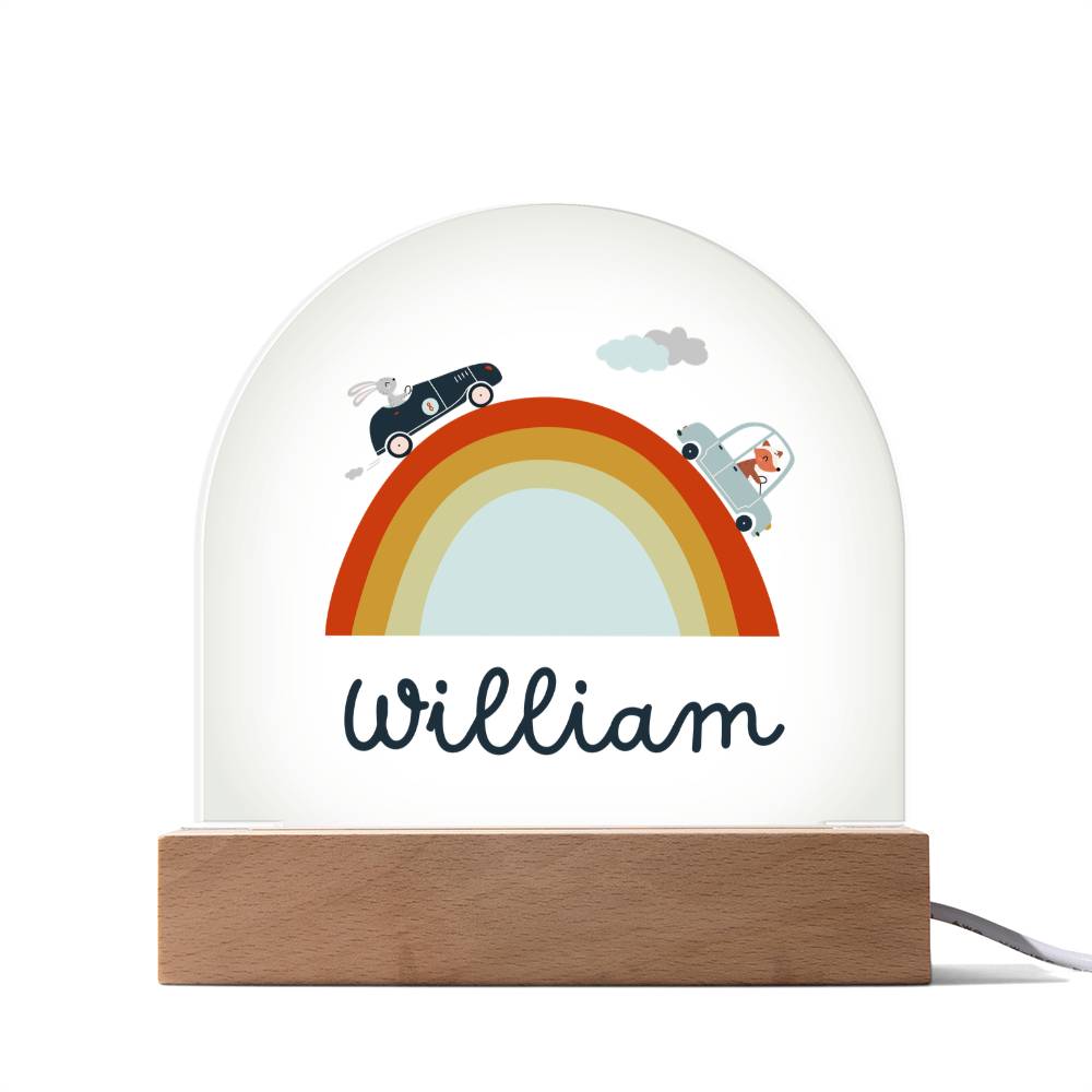 Boho Rainbow Name Night Light with Fox and Rabbit Cars – Custom Acrylic Kids Room Lamp – Neutral Nursery Decor Gift for Boys or Girls