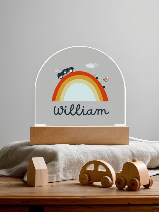 Boho Rainbow Name Night Light with Fox and Rabbit Cars – Custom Acrylic Kids Room Lamp – Neutral Nursery Decor Gift for Boys or Girls