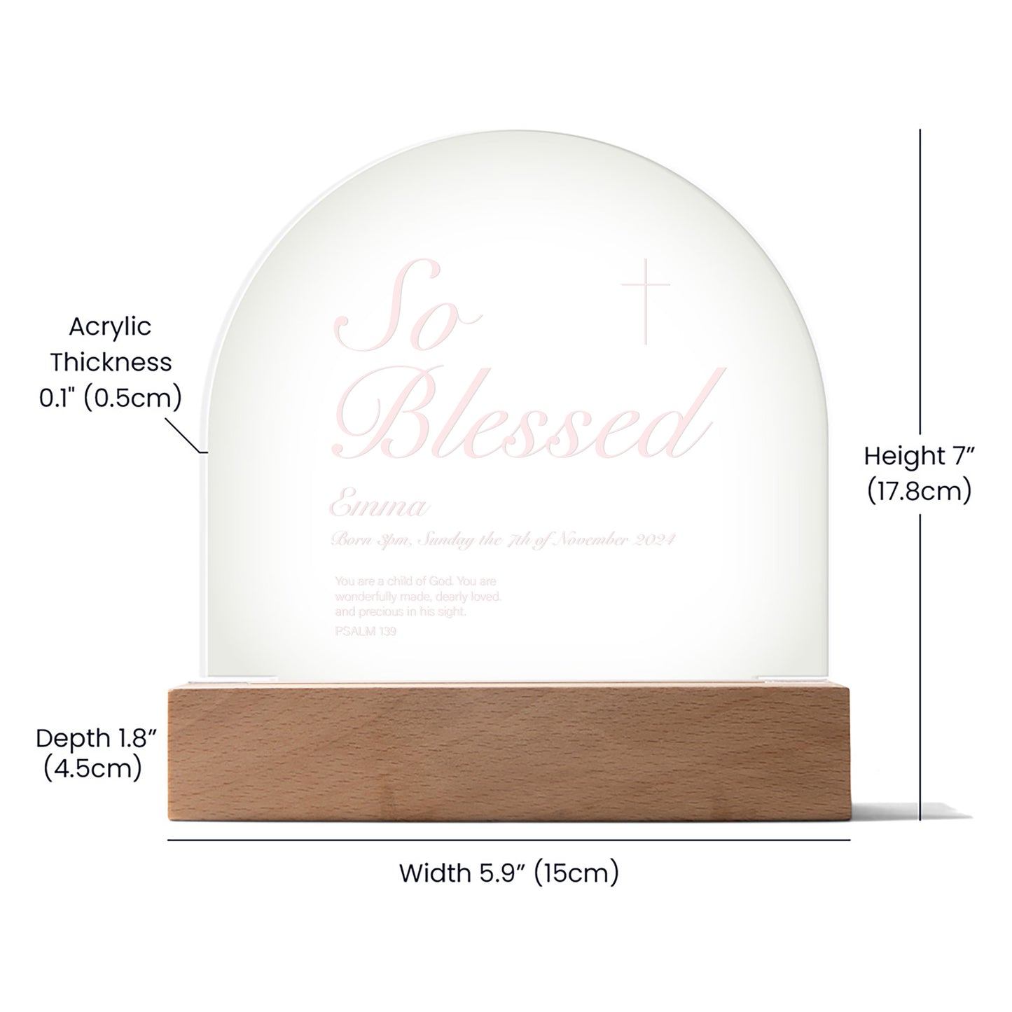 So Blessed - Child Name and Birth Details - Bedside Acrylic Dome Plaque Light